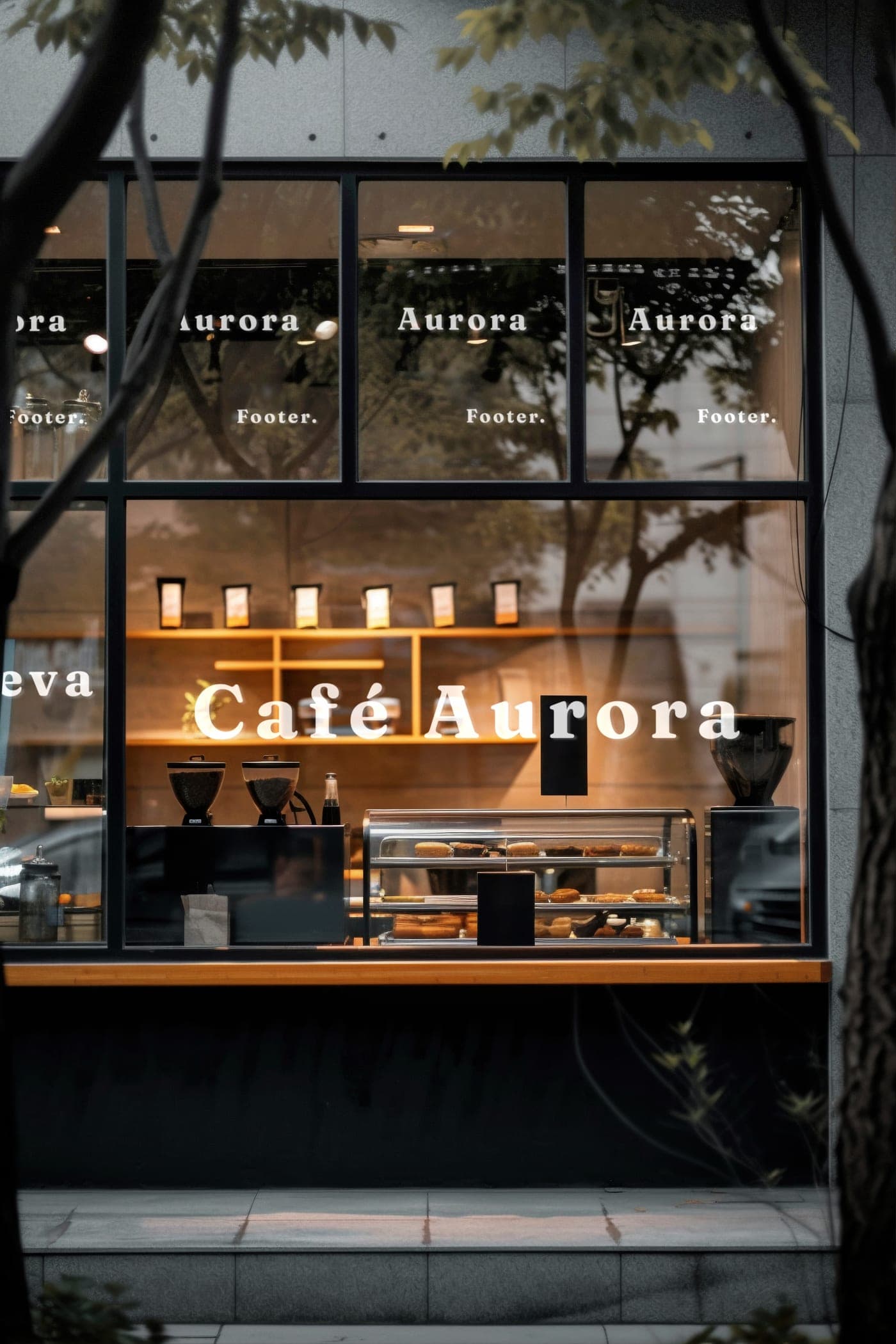 Fachada de Café Aurora con la vitrina de repostería